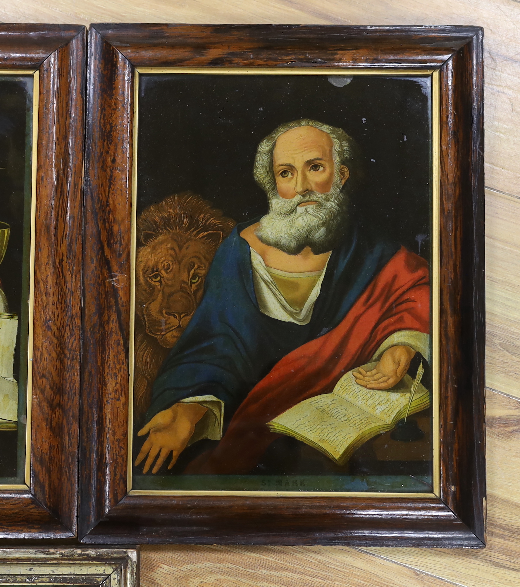 Four late 18th century reverse glass painted prints, including St Matthew, St John, St Mark and one other, 34 x 24cm